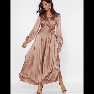 NWT Nasty Gal Satin Maxi Wrap Dress, Champagne